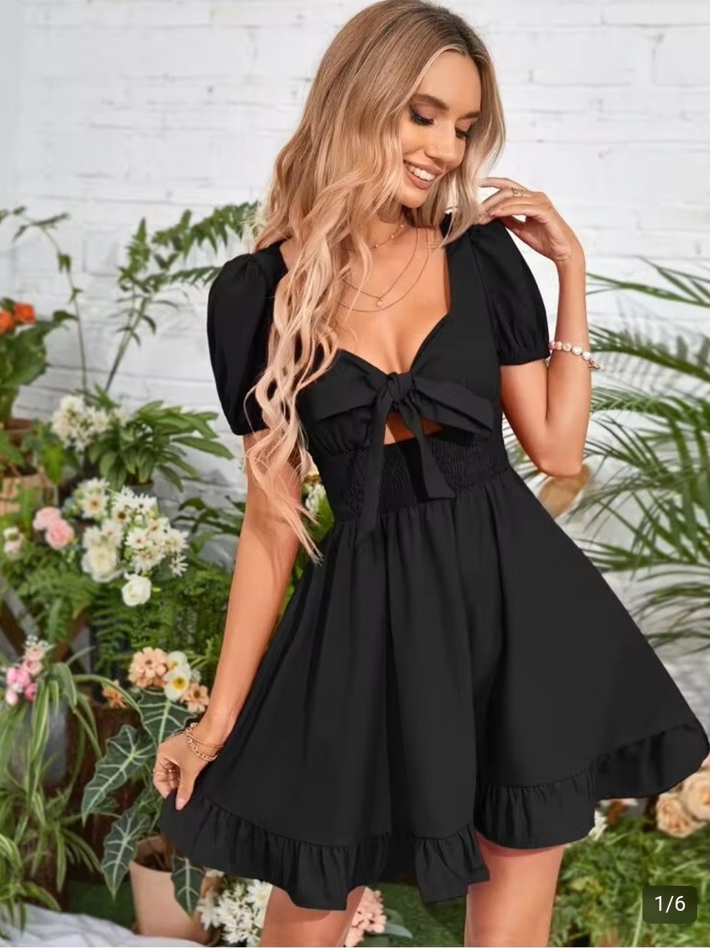 SHEIN Black Puff Sleeve Tie-Front Mini Dress